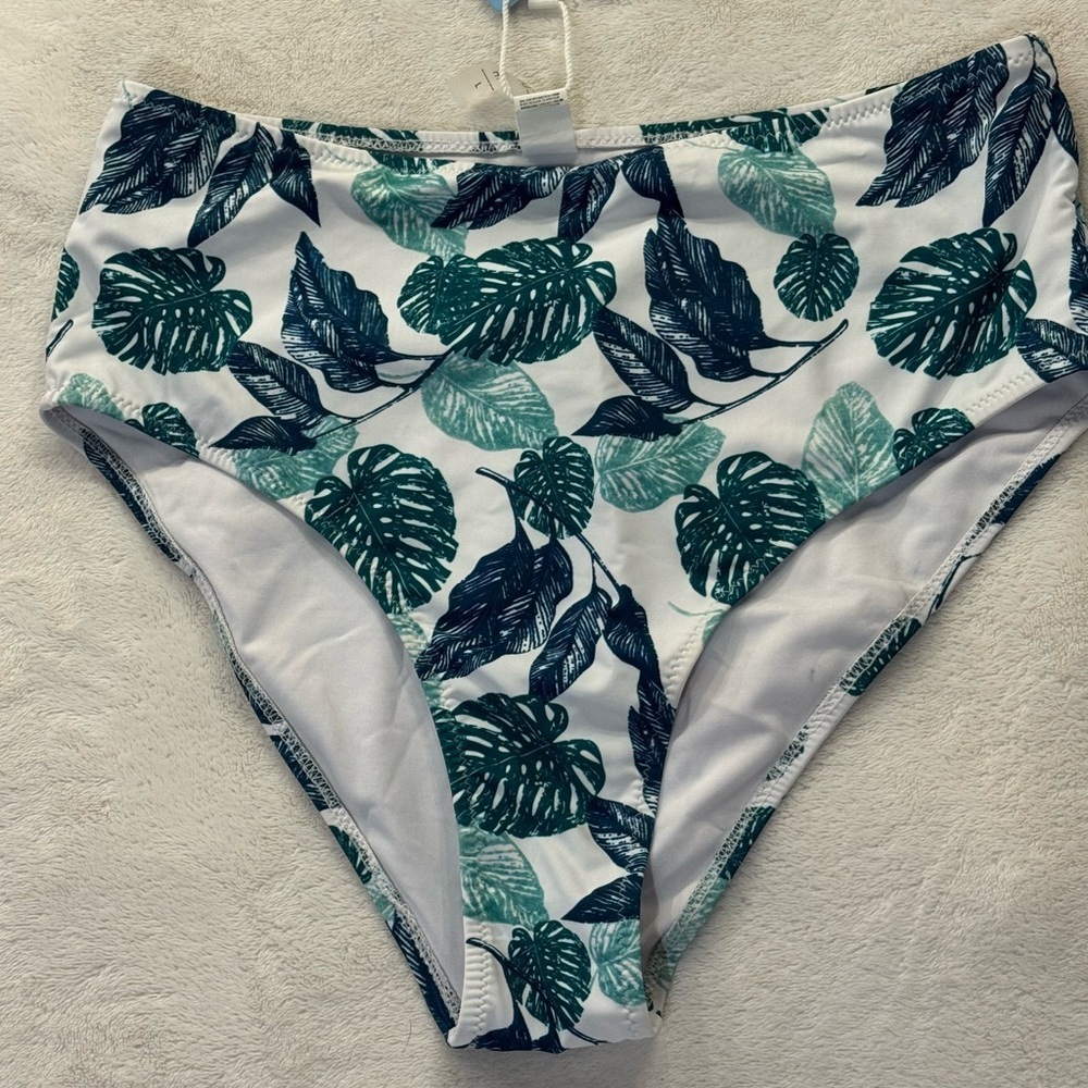 Cupshe Tropical Leaf High-Waisted Bikini Bottom‎ - Green and White